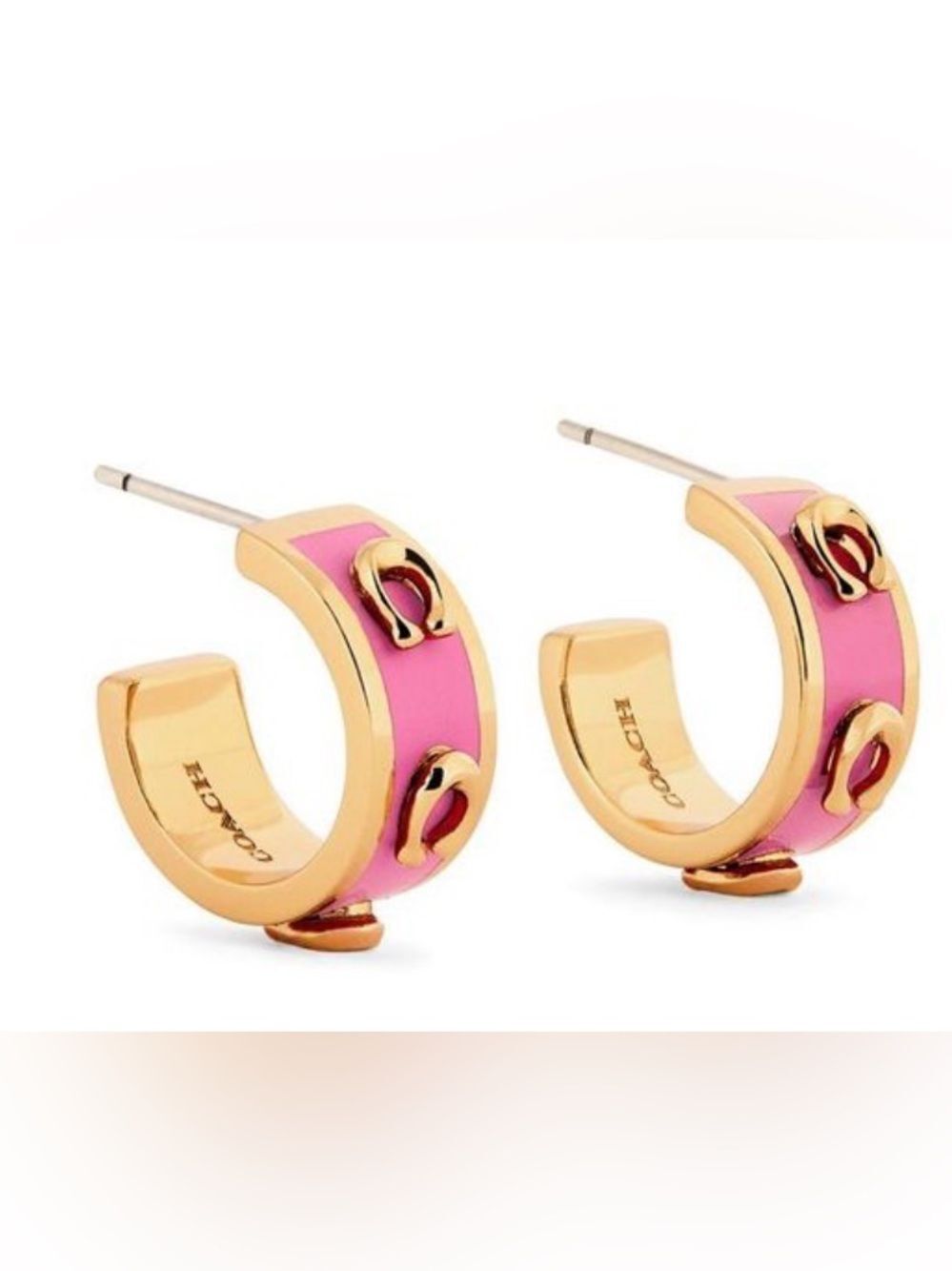 NWT COACH Pink Gold Enamel Signature C Logo Mini Huggie Hoop Earrings - Picture 5 of 10
